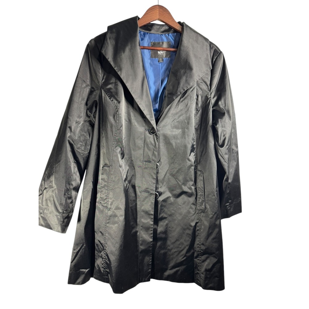 Mossimo Womens Black Satin Trench Coat Oversized Collar Blue Lining Size 1